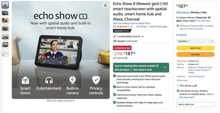 Amazon: Echo Show 8 (Newest gen) – Now $187 – 25% Off